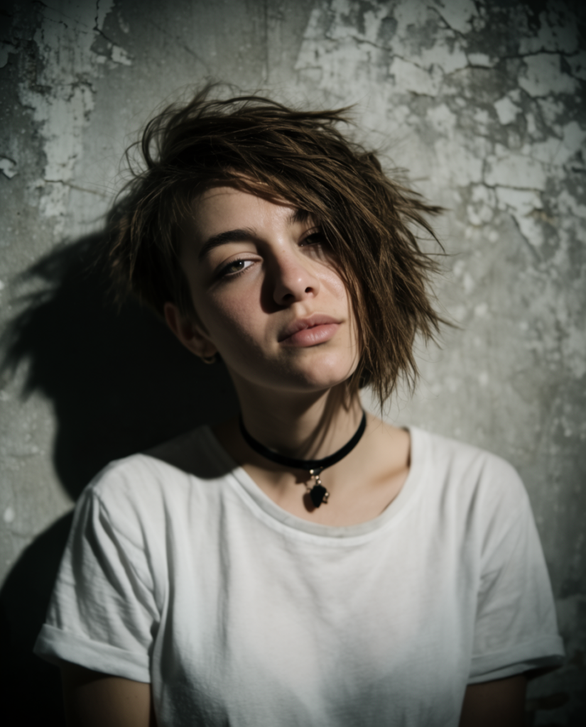 Portrait of a young person with tousled brown hair wearing a white T shirt and black choker posing against a weathered concrete wall
