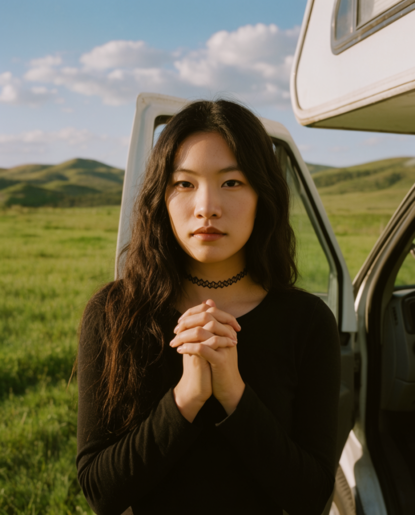 Young woman with hands clasped stands beside an open car door in a grassy field looking at the camera