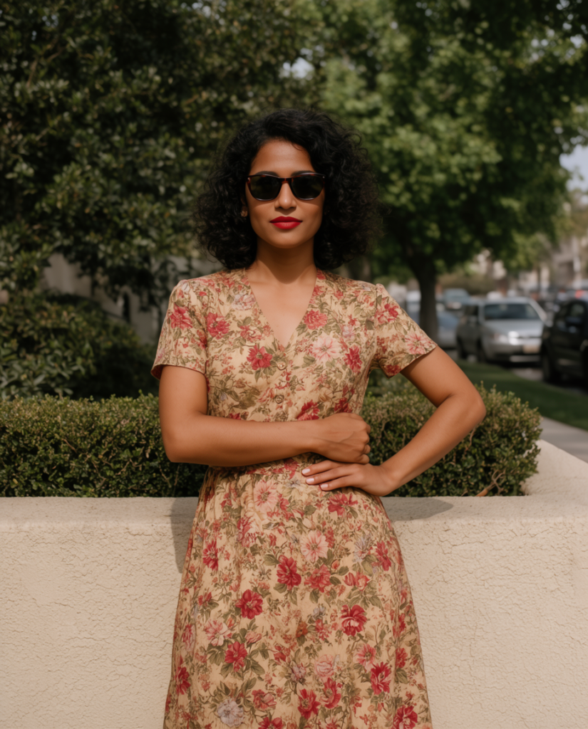 Woman in a beige floral dress and dark sunglasses stands with arms crossed in front of a low wall on a sunny suburban street