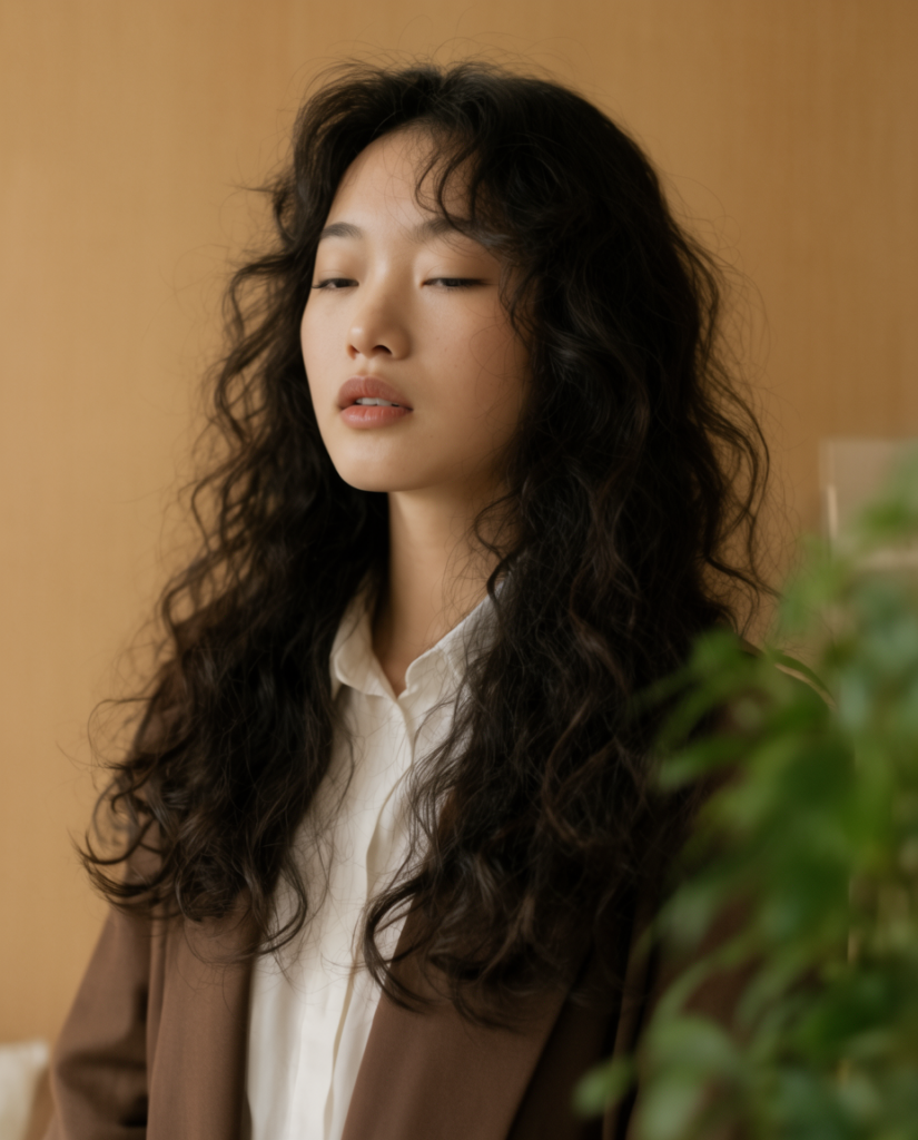 Portrait of a woman with long voluminous curly hair wearing a white blouse and tan blazer indoors with a plant in the foreground