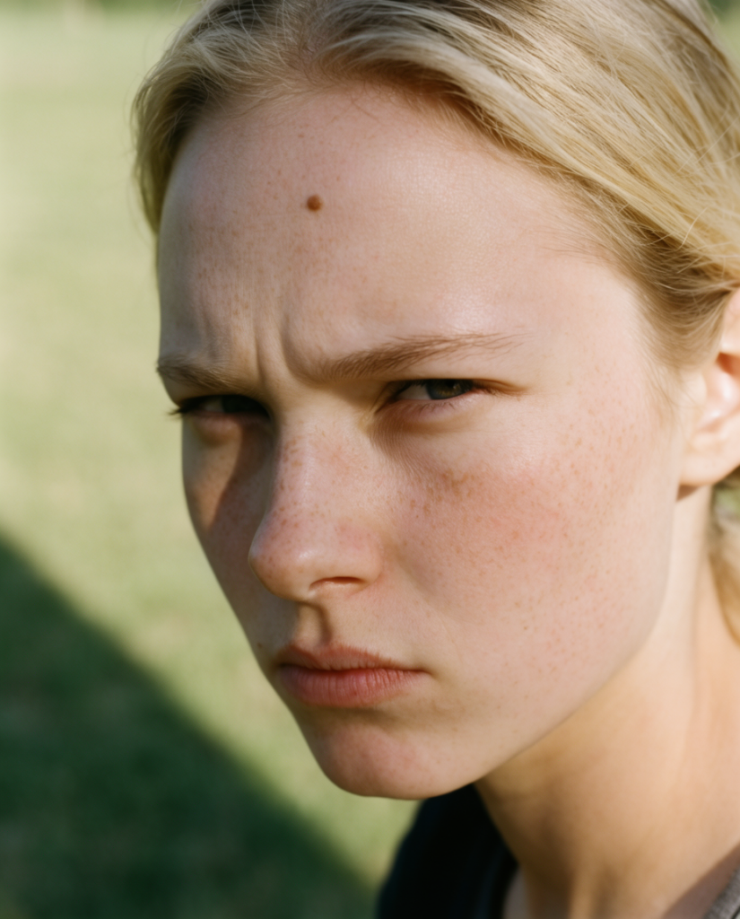 Close up of a young woman with freckles and a serious expression outdoors in bright sunlight with a grassy field blurred in the background