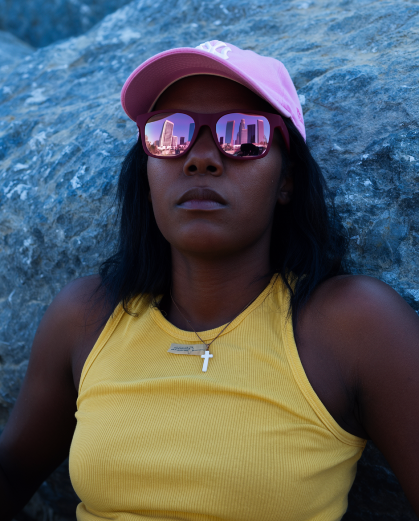 Portrait of a young woman in a pink cap and yellow tank top wearing mirrored sunglasses that reflect a city skyline against rocky terrain