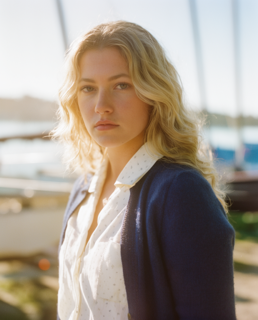 Young woman with blonde hair wearing a white patterned shirt and navy cardigan looking toward the camera outdoors by a bright blurred background