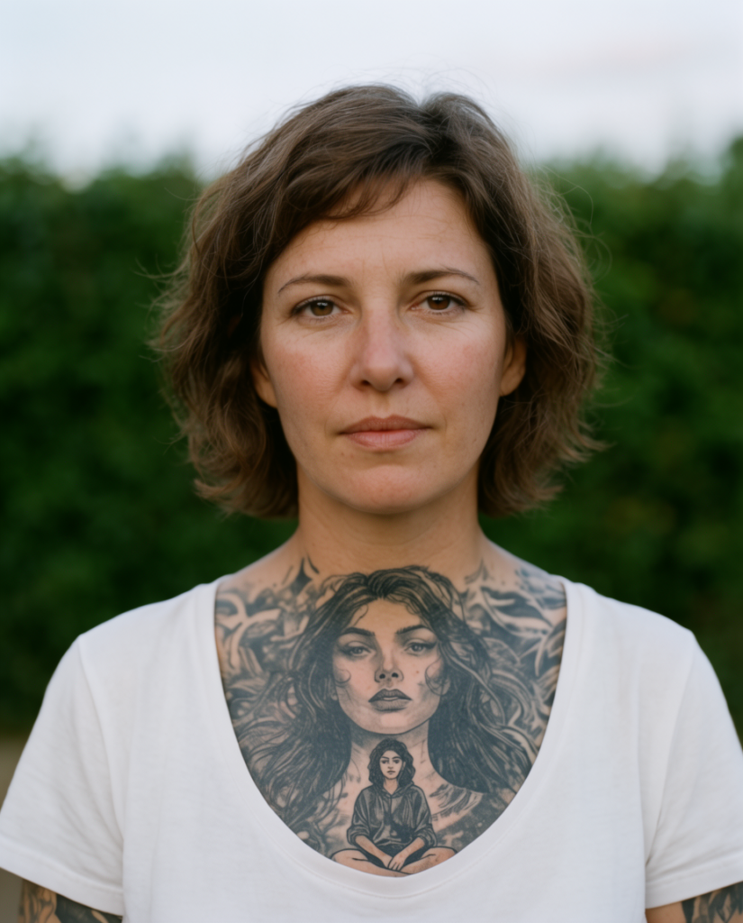 Portrait of a woman outdoors with a large chest tattoo of two faces beneath wearing a white shirt and neutral expression green blurred background