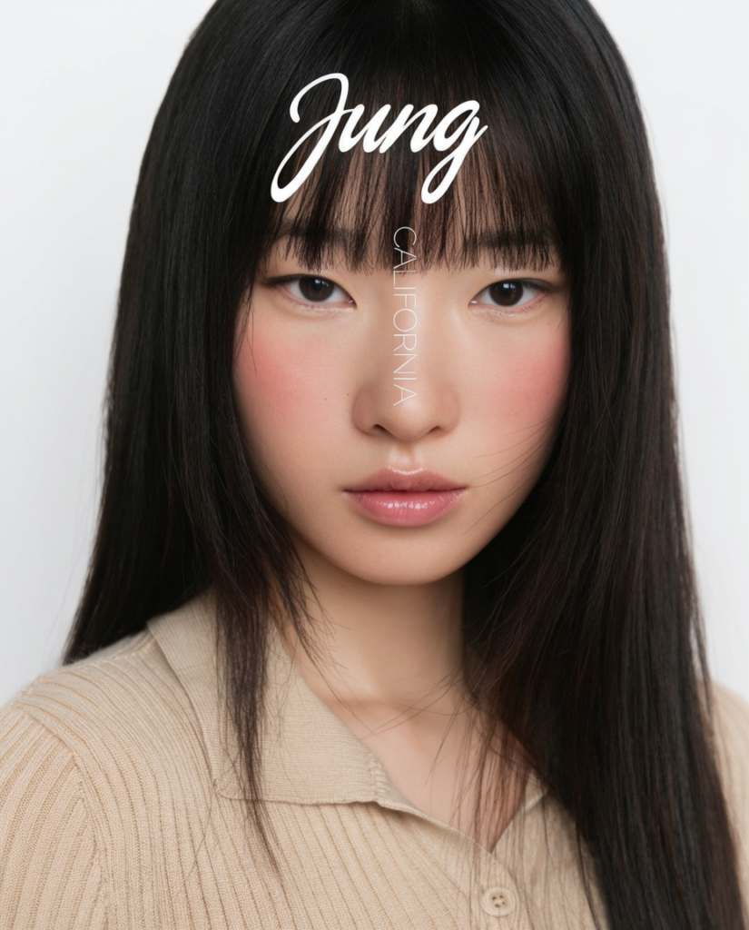 Close up portrait of a young Asian woman with long black hair and bangs wearing a beige ribbed sweater Jung logo at the top and vertical CALIFORNIA text down the center