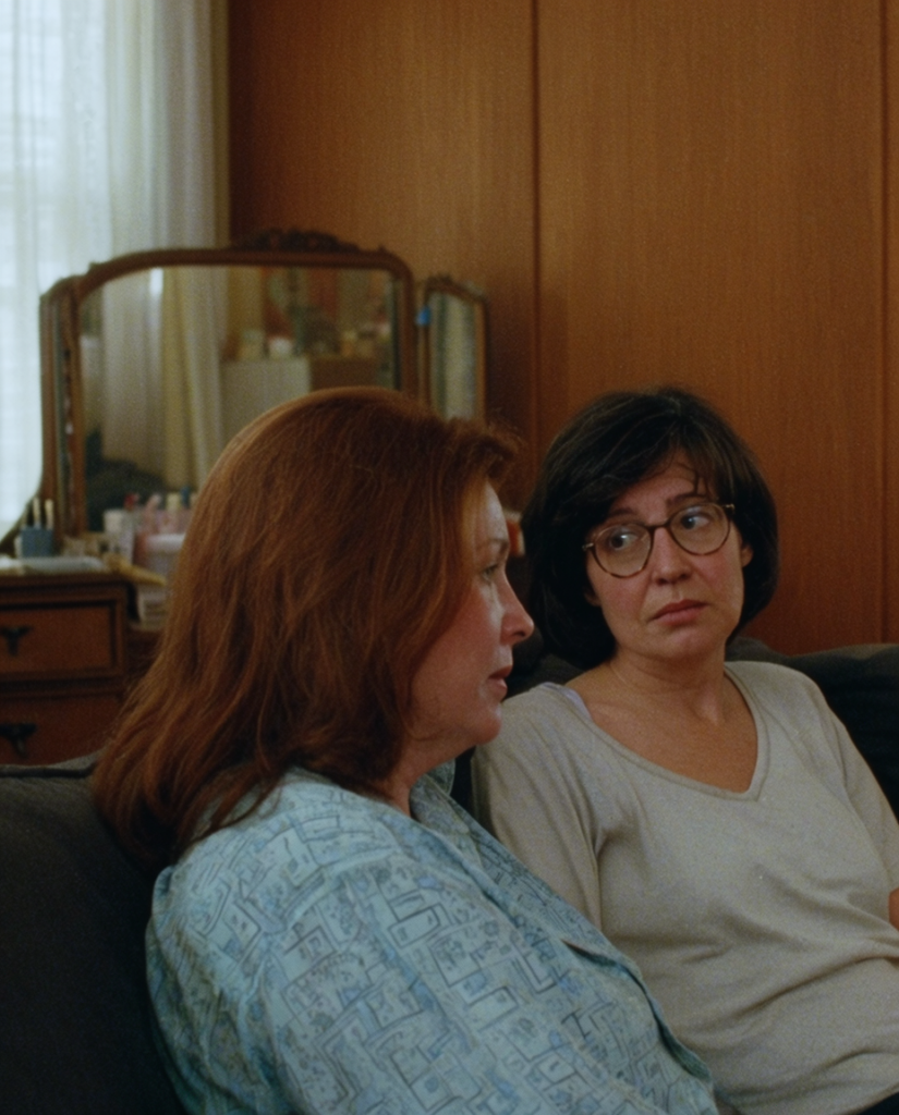 Two women sit on a sofa in a living room one with red hair in a patterned shirt and the other with dark hair and glasses talking