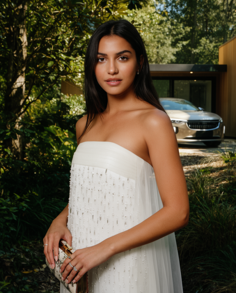 Portrait of a woman in a white strapless beaded dress holding a clutch outdoors with a car in the background