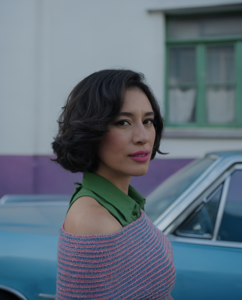Portrait of a woman with short dark hair wearing a green collared top under a pink striped sweater standing beside a blue vintage car