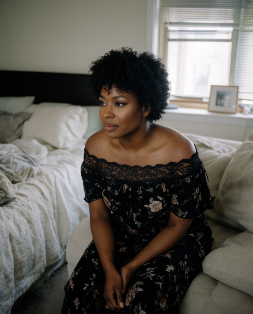 Woman with short curly hair sits on a beige sofa in a sunlit room wearing an off the shoulder black floral dress with lace detail